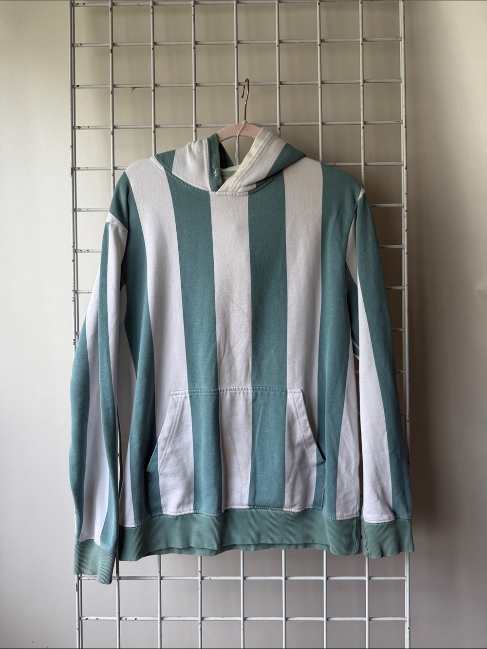 UO Wide Stripe Hooded Pullover - Seafoam & White Size Small